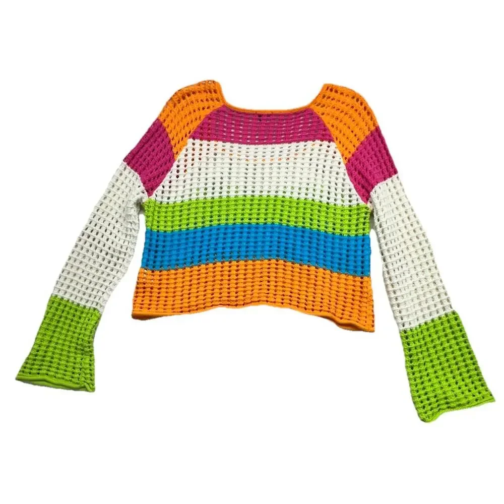 Wild Fable Crochet Y2K Sweater Size XL Open Knit Weave Cotton Striped Bright